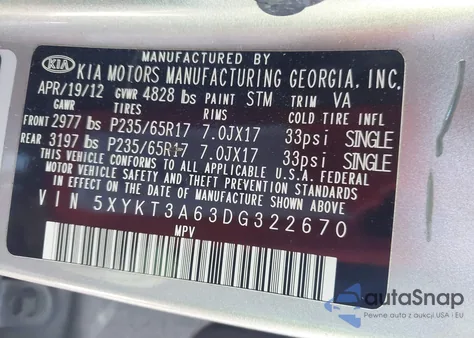 2013 Kia Sorento Lx z USA, uszkodzony, nr VIN 5XYKT3A63DG322670